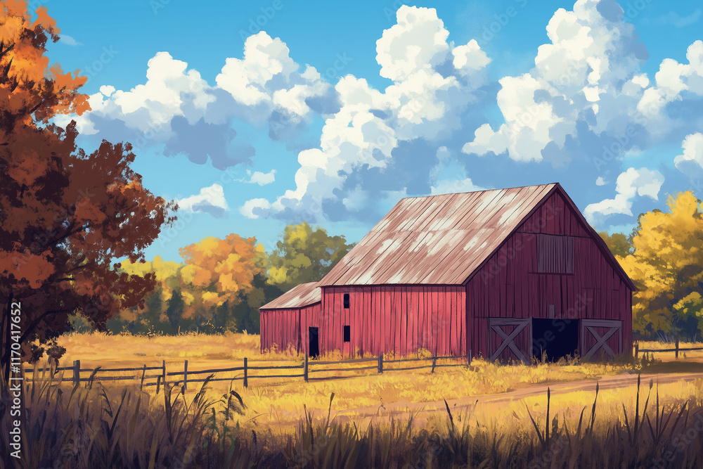 Illustration of a traditional red barn in a wheat field. idyllic rural scene. Illustration of a traditional red barn in a wheat field. idyllic rural scene.