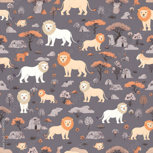 Seamless pattern of pastel lions and savanna elements like trees and rocks, in a soft, colorful style. photo