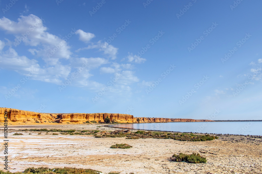 Scenic Views Between Sea, Sky, and Mountains in Southern Tunisia, Medenine Scenic Views Between Sea, Sky, and Mountains in Southern Tunisia, Medenine