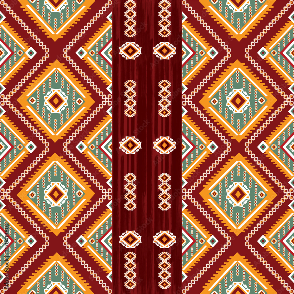 Traditional seamless geometric pattern with diamond shapes and vibrant red and gold accents. Ideal for fabric prints, gift wrapping, and ethnic-inspired designs, fabric, seamless, clothing Traditional seamless geometric pattern with diamond shapes and vibrant red and gold accents. Ideal for fabric prints, gift wrapping, and ethnic-inspired designs, fabric, seamless, clothing