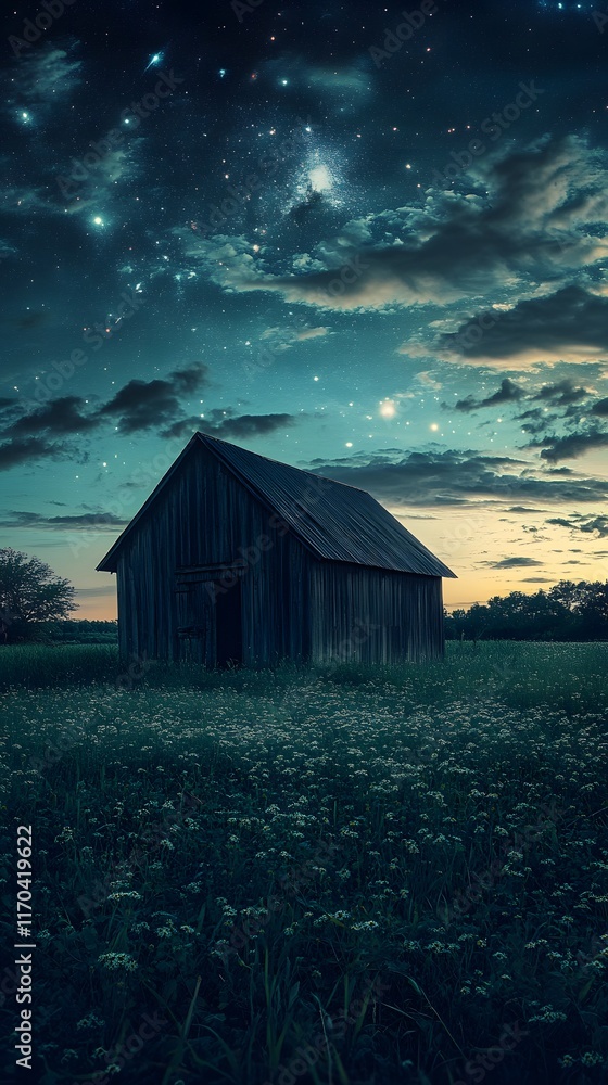 Fototapeta premium Enchanting night sky over a rustic barn surrounded by wildflowers.