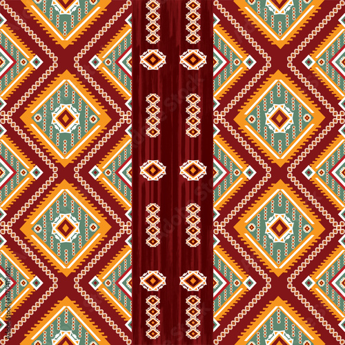 Traditional seamless geometric pattern with diamond shapes and vibrant red and gold accents. Ideal for fabric prints, gift wrapping, and ethnic-inspired designs, fabric, seamless, clothing 