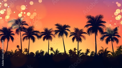 Silhouetted Palm Trees at Sunset with Bokeh Lights