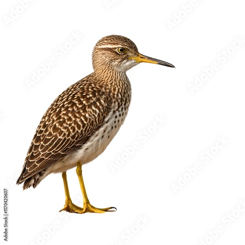 upland sandpiper on piece of wood isolated on white background