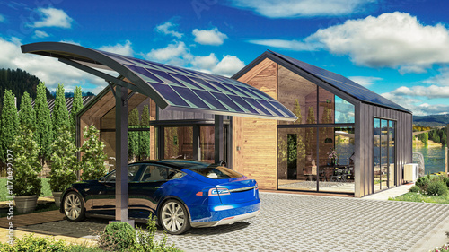 Solar Energy Supply for a Charging Station for Electric Car at Vacation Home  - 3D Visualization photo