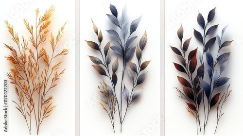 Triptych of stylized botanical illustrations in warm, cool, and dark tones. photo