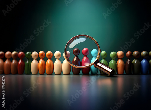 A magnifying glass focuses on a diverse group of wooden figurines, highlighting the importance of individual selection from a large pool of candidates.  The image emphasizes careful scrutiny and diver photo