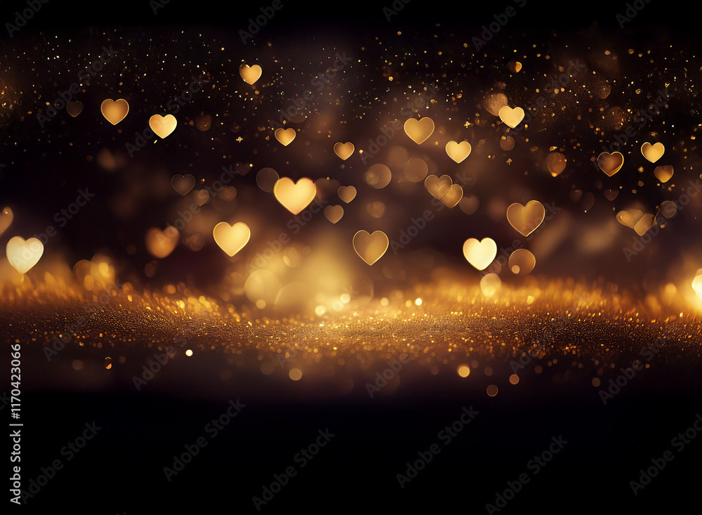 Obraz premium Shimmering golden hearts float on a dark, glittering background. A magical, romantic scene perfect for Valentine's Day or any celebration of love.