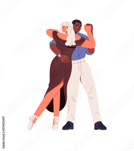 Professional dancers perform Argentine tango. Couple dances bachata, moves with Latin music. Performers do choreography with passion in class together. Flat isolated vector illustration on white