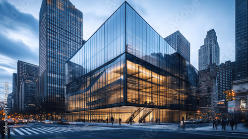 Modern glass skyscraper in city at dusk, people walking by.