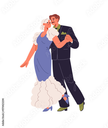 Professional dancers perform foxtrot. Couple dances Lindy hop together. Partners move with music. Performers do choreography elements in class. Flat isolated vector illustration on white background