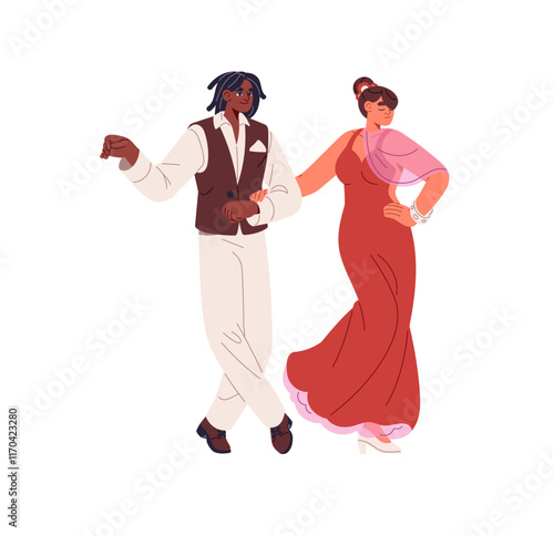 Pair of dancers shows with foxtrot. Couple of partners dance together. Woman in dress and man move with music. People performers do choreography. Flat isolated vector illustration on white background