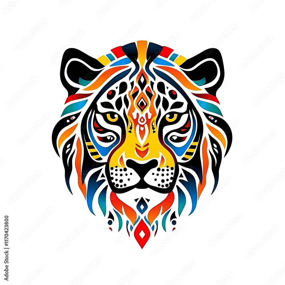 Colorful artistic representation of a tiger's face with intricate patterns. Colorful artistic representation of a tiger's face with intricate patterns.