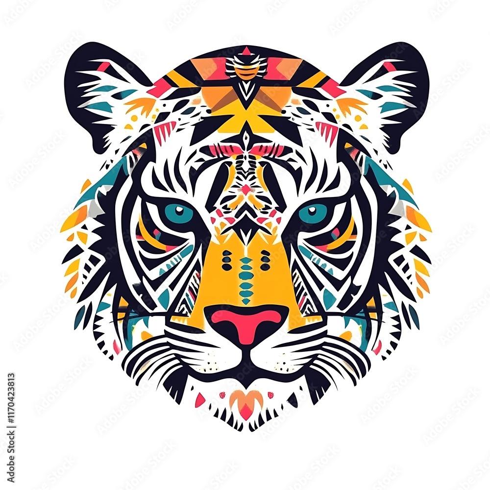 Colorful graphic illustration of a tiger's face with intricate patterns. Colorful graphic illustration of a tiger's face with intricate patterns.