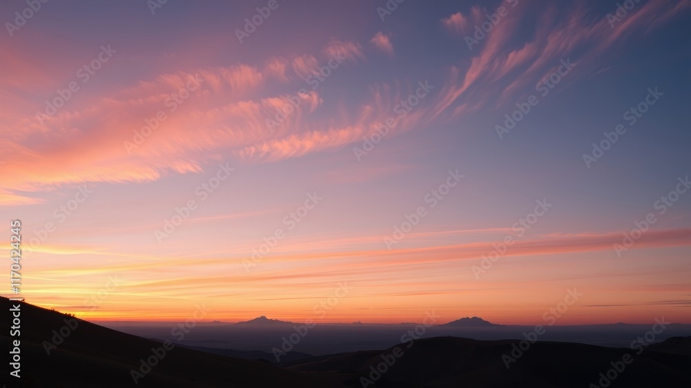 Obraz premium Serene Sunset Over Distant Mountain Ranges with Painted Sky