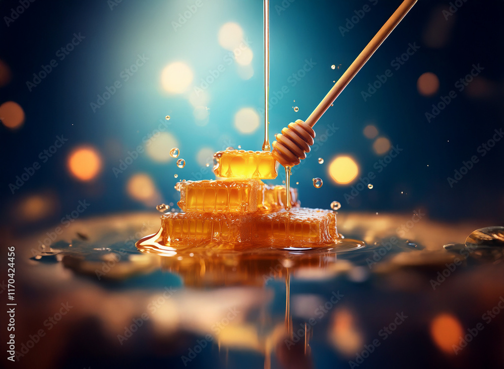 Golden honey flows from a wooden dipper onto a glistening honeycomb, creating a mesmerizing splash in a pool of liquid honey. The scene is dramatically lit, with bokeh effects adding to the magical f Golden honey flows from a wooden dipper onto a glistening honeycomb, creating a mesmerizing splash in a pool of liquid honey. The scene is dramatically lit, with bokeh effects adding to the magical f