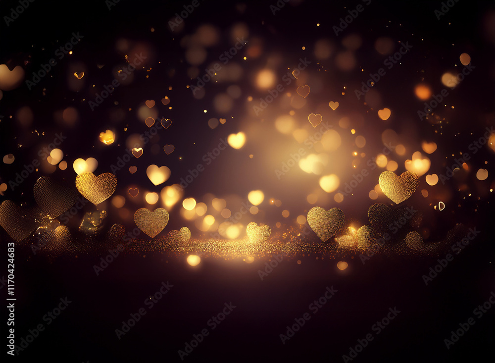 Shimmering golden hearts and sparkles create a romantic, dark background, perfect for Valentine's Day or any romantic occasion. A magical, glittering scene. Shimmering golden hearts and sparkles create a romantic, dark background, perfect for Valentine's Day or any romantic occasion. A magical, glittering scene.