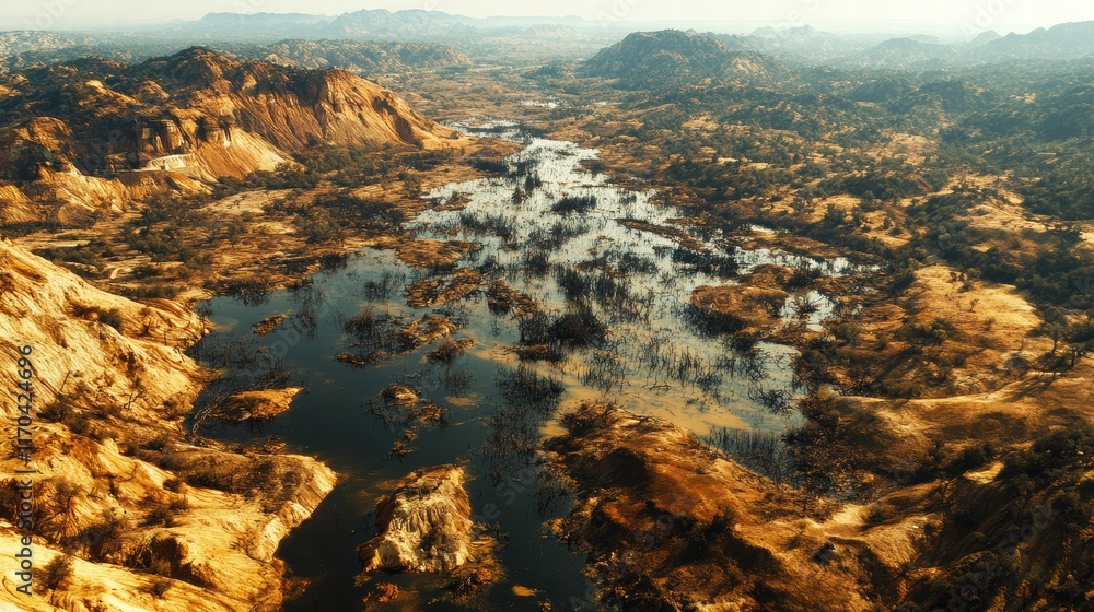 Massive Dam Releasing Chemical-Laden Waters River Basin Aerial View Nature's Impact Massive Dam Releasing Chemical-Laden Waters River Basin Aerial View Nature's Impact