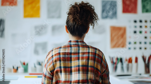 A person sits in an art studio, facing a wall filled with colorful drawings and sketches, surrounded by art supplies.