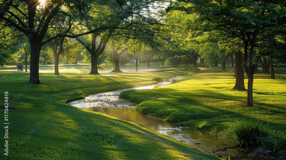 Naklejka premium A serene park scene with sunlight filtering through trees and a gentle stream.