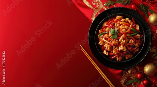 Wallpaper Mural Vibrant Authentic Chinese Cuisine Top View of Delicious Stir-fry on Red Background Torontodigital.ca