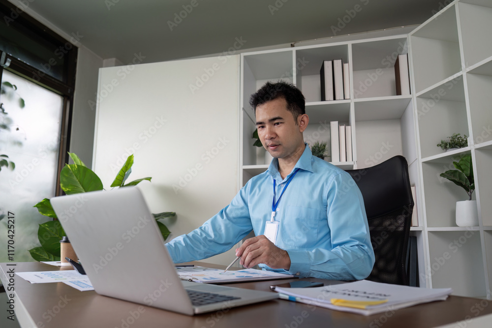 Business professional working remotely modern office digital workspace indoor environment focused perspective productivity concept Business professional working remotely modern office digital workspace indoor environment focused perspective productivity concept