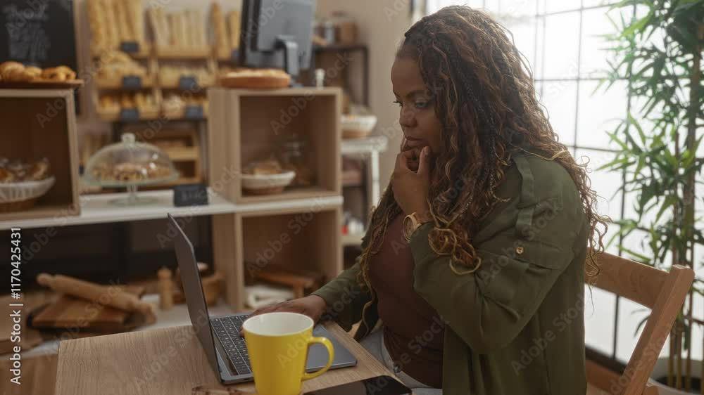 Woman working on a laptop at a table inside a bakery with shelves of bread and pastries in the background. Woman working on a laptop at a table inside a bakery with shelves of bread and pastries in the background.