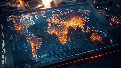 A futuristic map by quantum computing forecasting agricultural crop yields with glowing regional heatmaps leaving copy space at the bottom left for text or branding photo