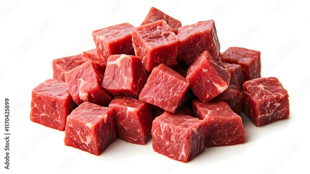 Raw beef, cubed meat, fresh steak chunks, vibrant red color, marbled texture, butcher's cut, protein-rich food, culinary ingredient, tender beef pieces, high-quality meat, cooking preparation Raw beef, cubed meat, fresh steak chunks, vibrant red color, marbled texture, butcher's cut, protein-rich food, culinary ingredient, tender beef pieces, high-quality meat, cooking preparation