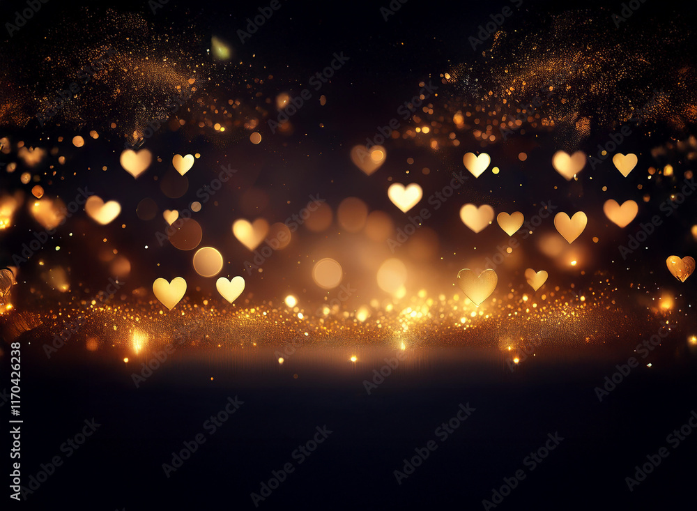 Fototapeta premium Dark background with golden heart-shaped bokeh lights and glittering sparkles, creating a romantic and magical ambiance.