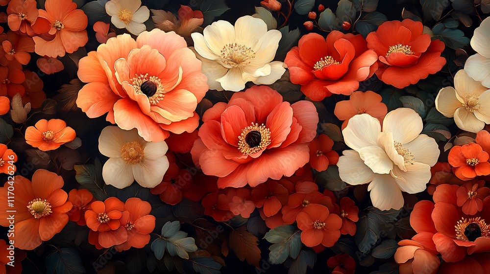 Vibrant Digital Painting: Exquisitely Rendered Coral and Cream Flowers Blooming in the Dark. AI Generated Vibrant Digital Painting: Exquisitely Rendered Coral and Cream Flowers Blooming in the Dark. AI Generated