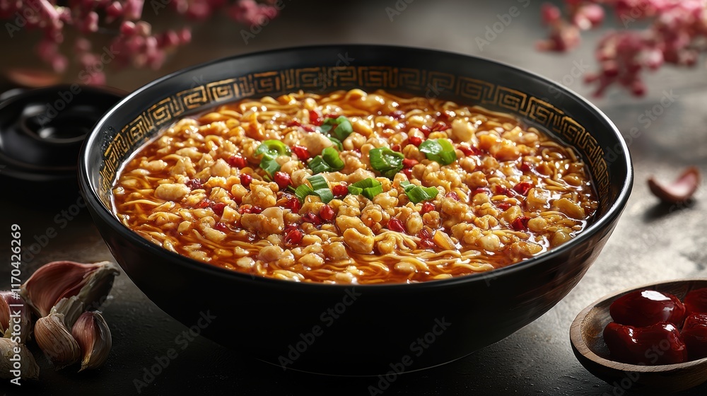 Delicious Chinese Noodle Dish Top View Restaurant Setting Realistic Photo Vibrant Environment Culinary Concept