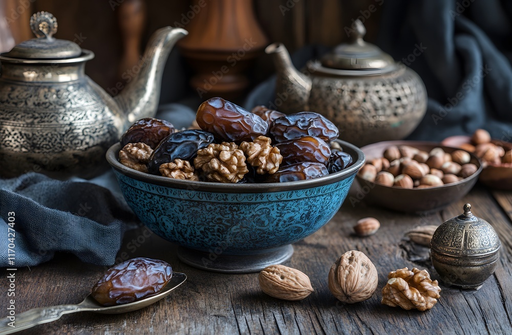 Dates walnuts and hazelnuts in an ornate bowl Dates walnuts and hazelnuts in an ornate bowl