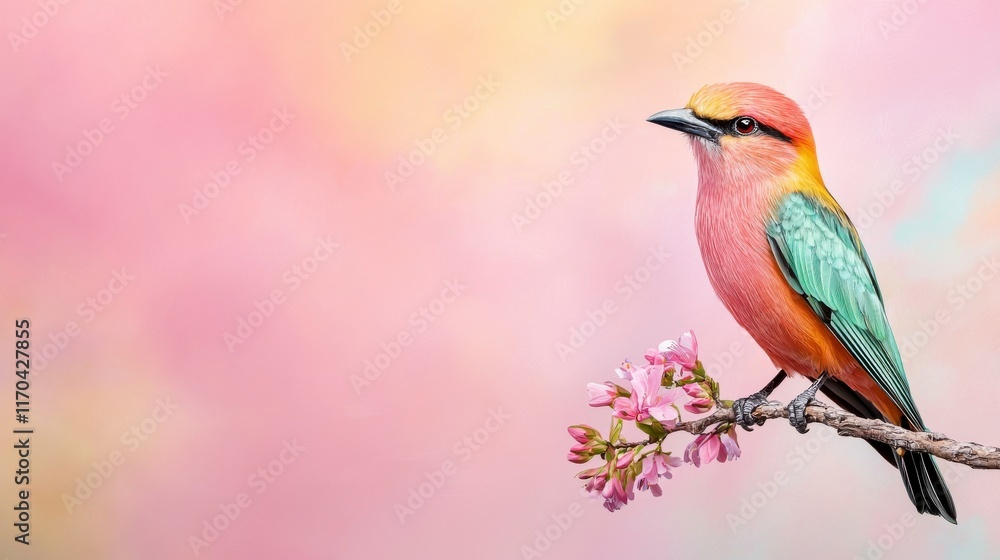 Fototapeta premium Colorful bird perched on branch with delicate pink flowers in bloom