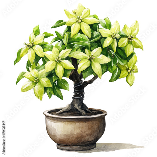 A watercolor vector painting of a Starfruit Bonsai tree, isolated on a white background. Starfruit Bonsai tree vector.

