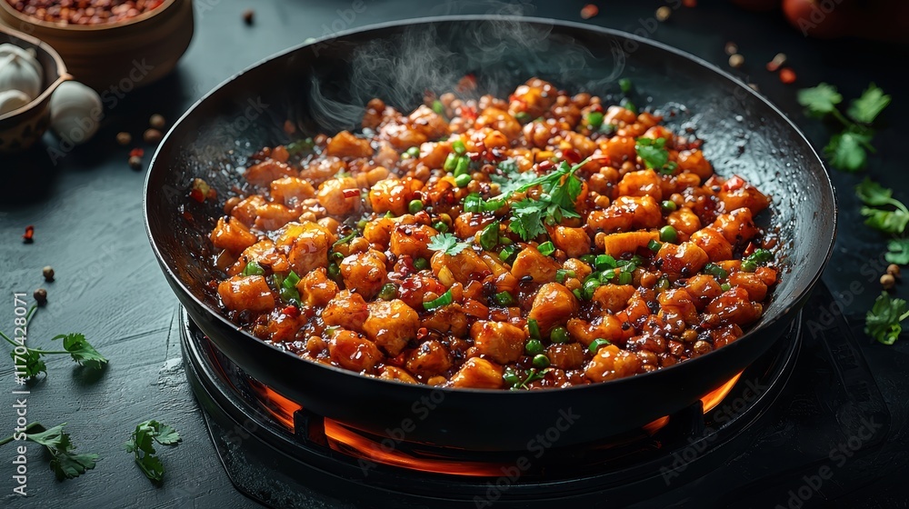 Delicious Stir-Fry Cooking in a Chinese Wok Kitchen Setting Food Photography Vibrant Atmosphere Top View Perspective Delicious Stir-Fry Cooking in a Chinese Wok Kitchen Setting Food Photography Vibrant Atmosphere Top View Perspective