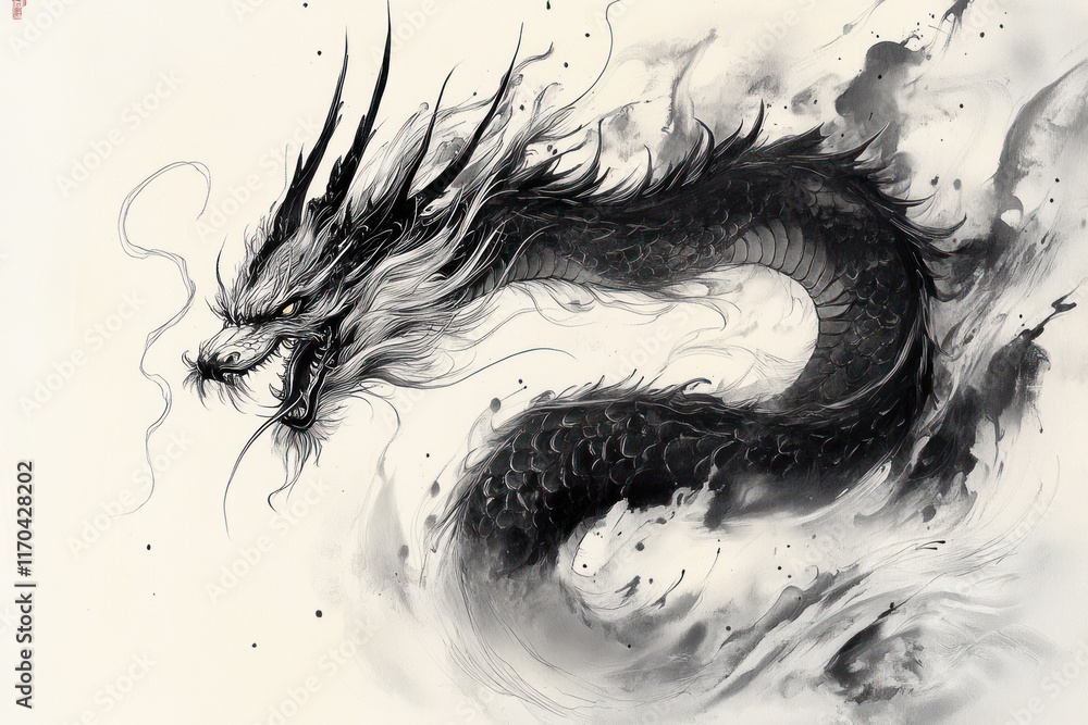 Fototapeta premium Dragon Ink Wash Painting Majestic Creature Illustration