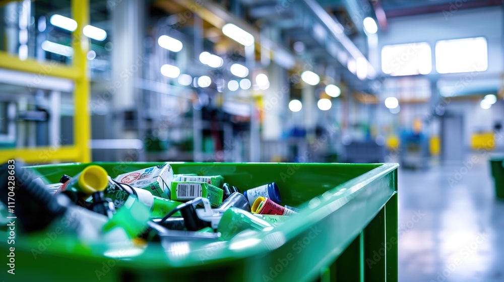 custom made wallpaper toronto digitalClose-up of a green recycling bin filled with various used batteries in a modern recycling facility, showcasing environmental sustainability and responsible waste management practices.
