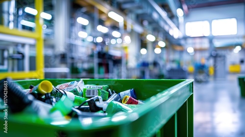 Wallpaper Mural Close-up of a green recycling bin filled with various used batteries in a modern recycling facility, showcasing environmental sustainability and responsible waste management practices. Torontodigital.ca