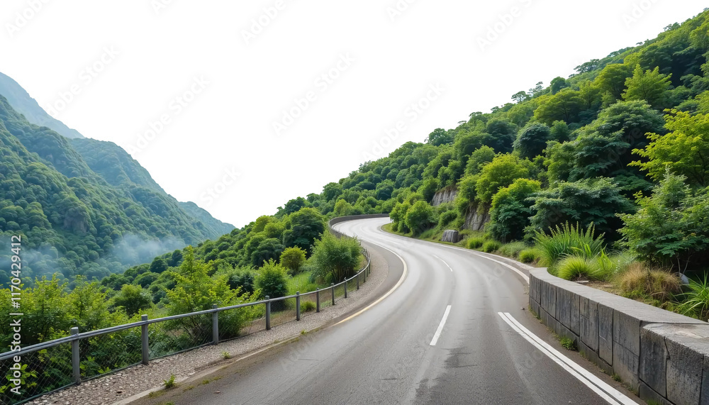Fototapeta premium Curvy mountain road winding gracefully through lush greenery isolated on a white background. Suitable for marketing or business purposes. PNG file