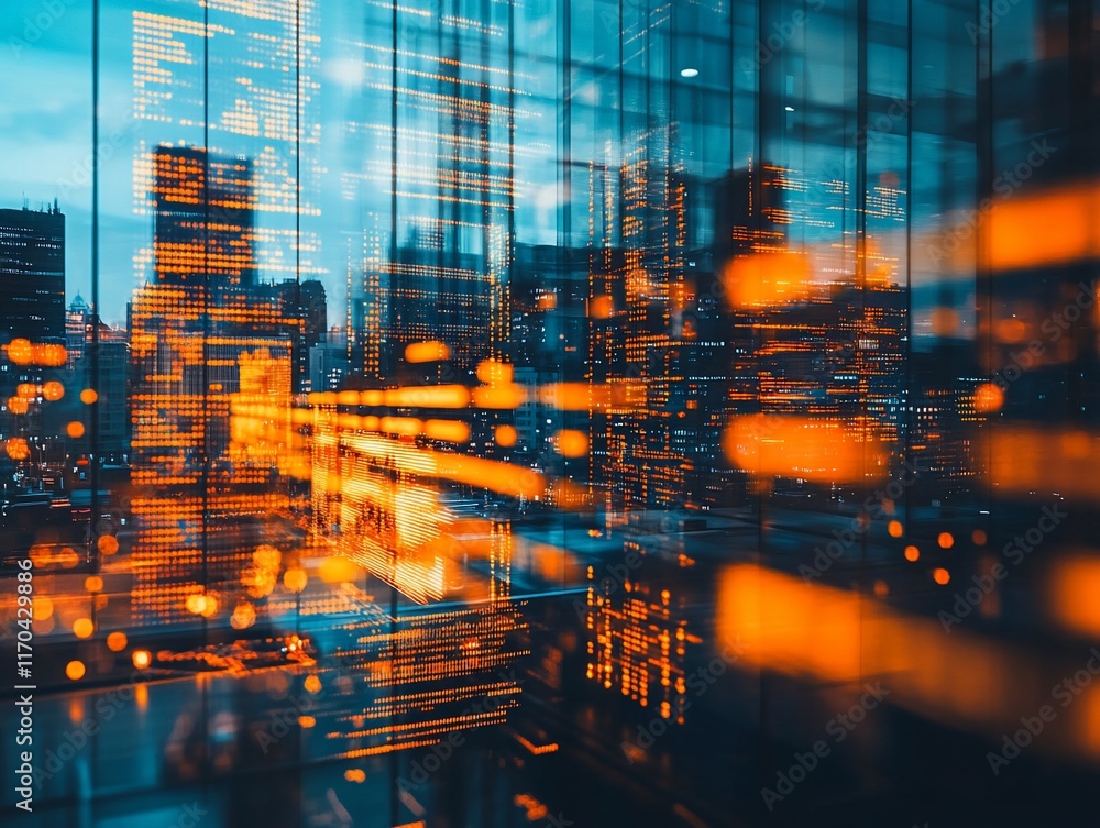 Fototapeta premium Cityscape at night with digital data overlay.