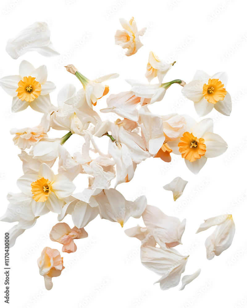 Fototapeta premium Scattered Daffodil Petals and Flowers Isolated On A White Background, PNG Transparent