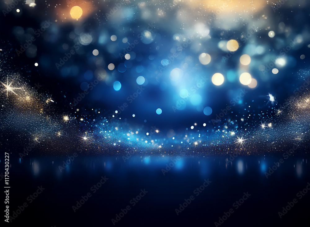 Fototapeta premium A mesmerizing dark blue backdrop with glittering lights and bokeh. Sparkling dust motes dance across a reflective surface, creating a magical, ethereal atmosphere.