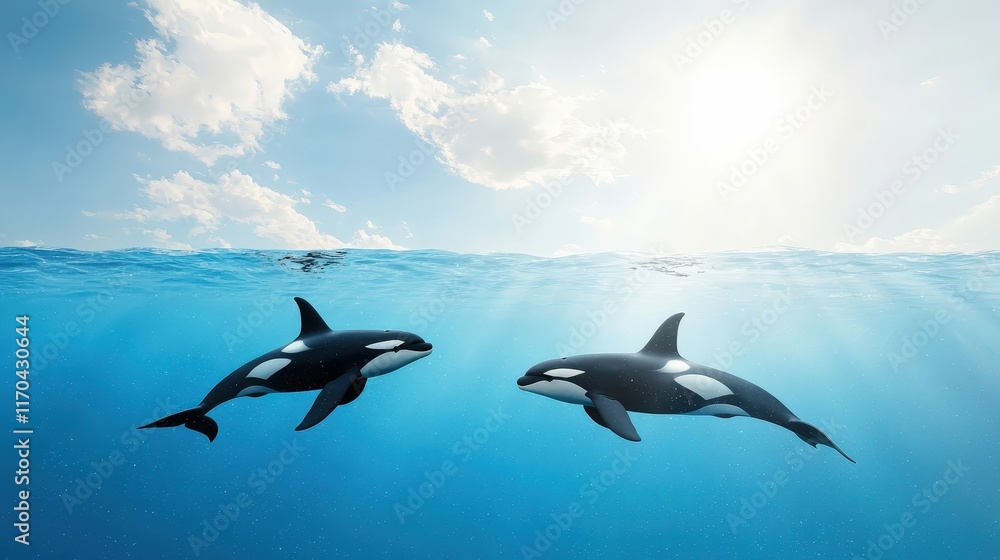 Majestic Orcas Swimming Beneath the Sunlit Ocean Surface Majestic Orcas Swimming Beneath the Sunlit Ocean Surface
