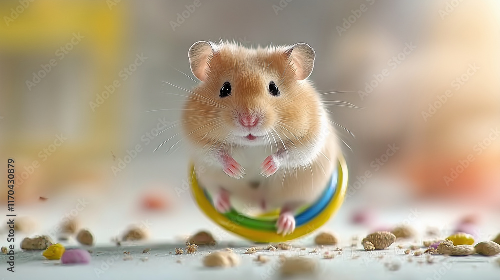 Energetic Hamster on Colorful Exercise Wheel in Cage Energetic Hamster on Colorful Exercise Wheel in Cage