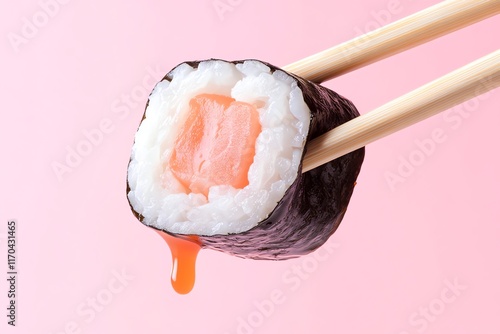 A single piece of salmon sushi held by chopsticks with soy sauce dripping. photo