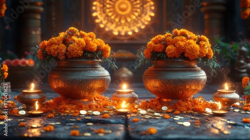 Festive Celebration of Wealth and Prosperity with Gold Coins and Marigold Flowers photo