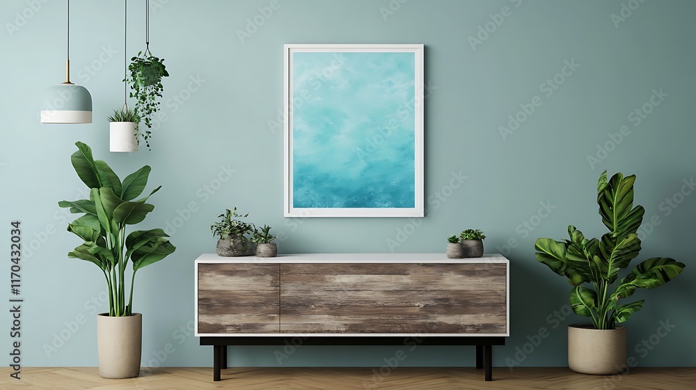 white frame mockup hanging above modern side table with plants and decorative pieces white frame mockup hanging above modern side table with plants and decorative pieces