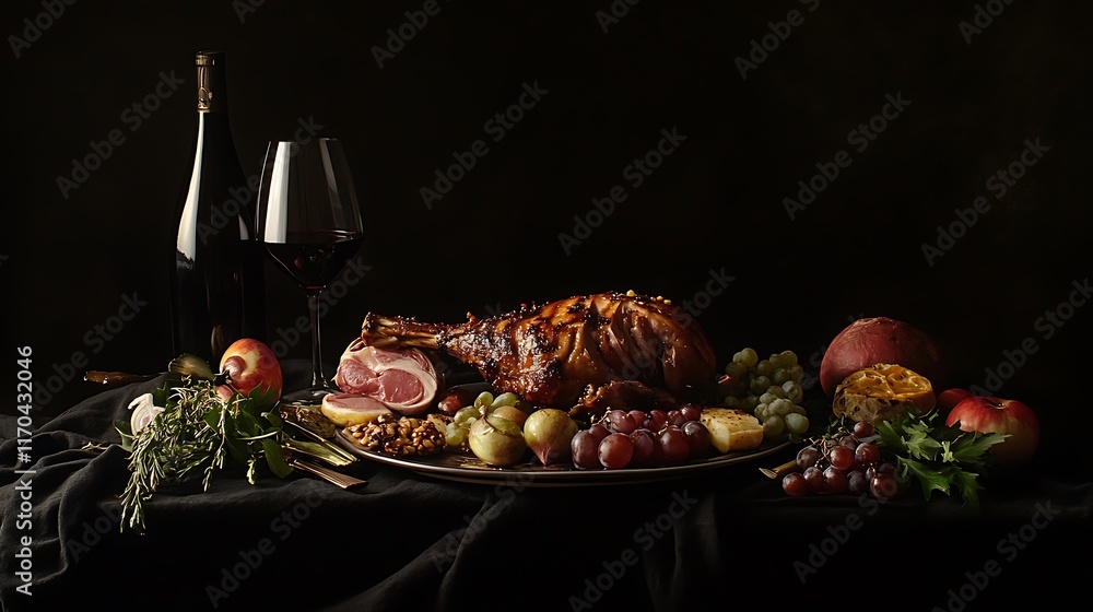Roasted Meat Wine Grapes And Fruit Still Life Roasted Meat Wine Grapes And Fruit Still Life