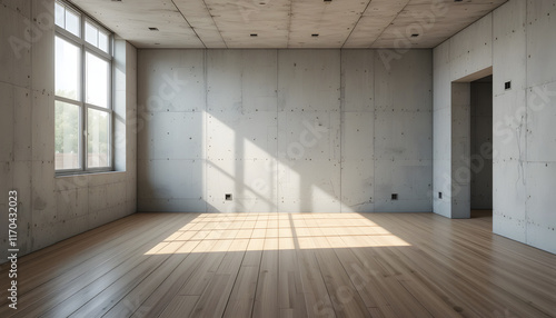 Wallpaper Mural stock photo features an empty room with concrete walls, a wooden floor, and soft skylight filtering through a window, creating a serene and spacious atmosphere with ample copy-space for various creati Torontodigital.ca